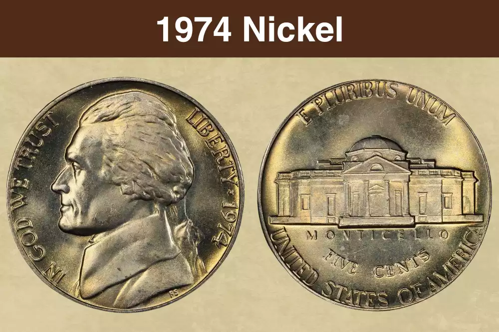1974 Jefferson nickel obverse and reverse showing Philadelphia and Denver examples