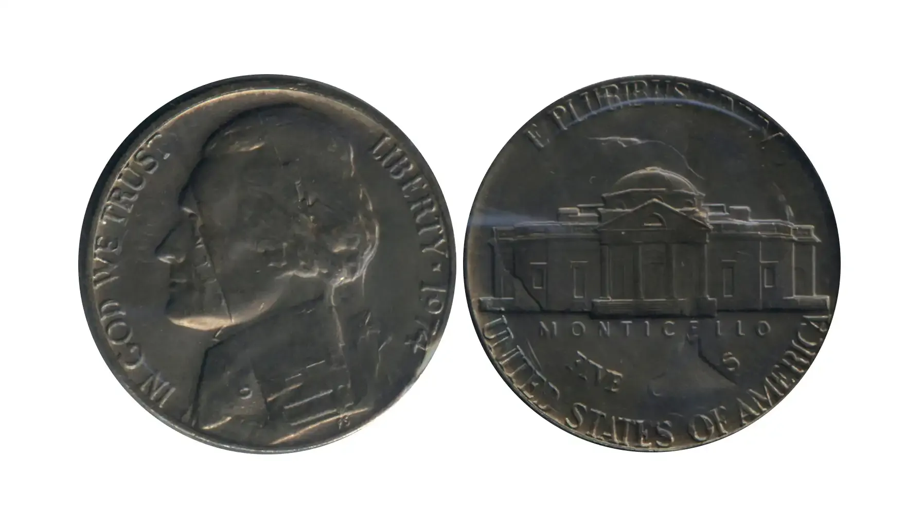 1974 nickel reverse comparison: common soft strike versus Full Steps designation showing sharp step lines