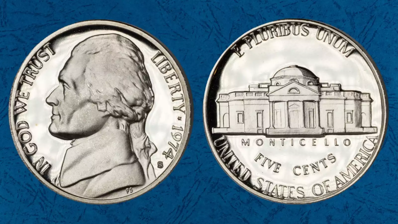 1974 Philadelphia nickel Full Steps reverse close-up showing sharp Monticello staircase lines