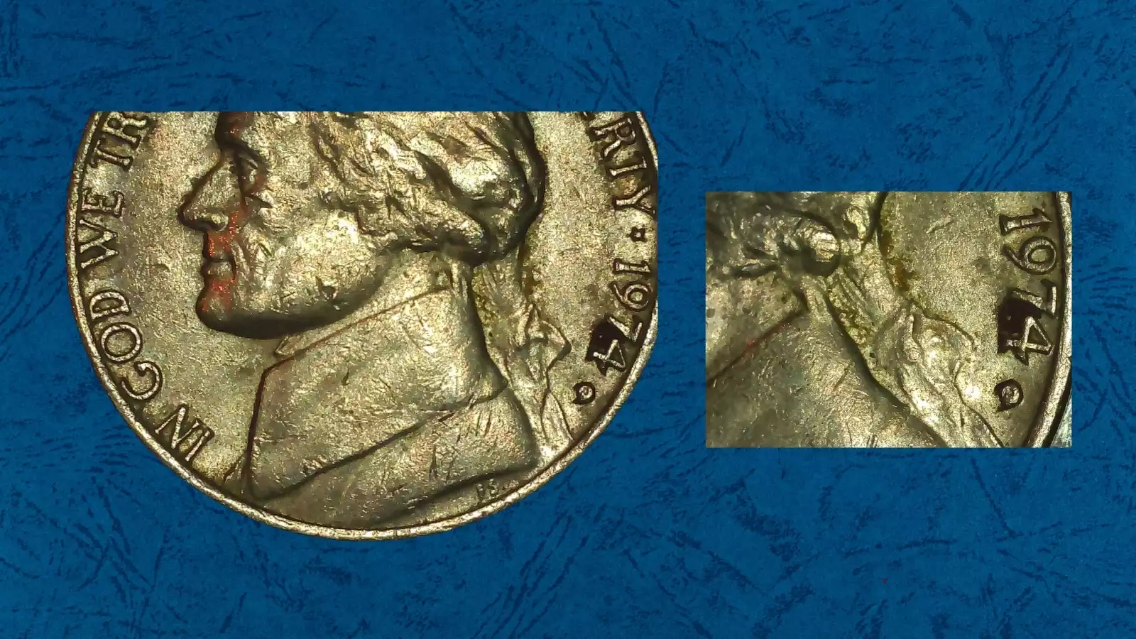 1974-D nickel repunched mint mark close-up showing secondary D impression beside primary mint mark