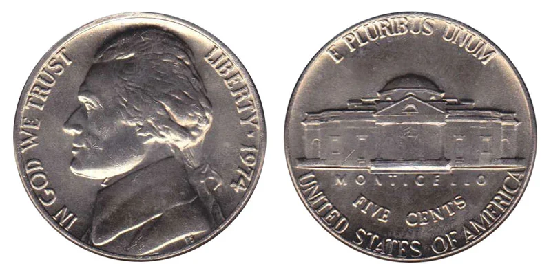 1974 Jefferson nickel mintage historical context showing Philadelphia Mint and coin rolls from that year