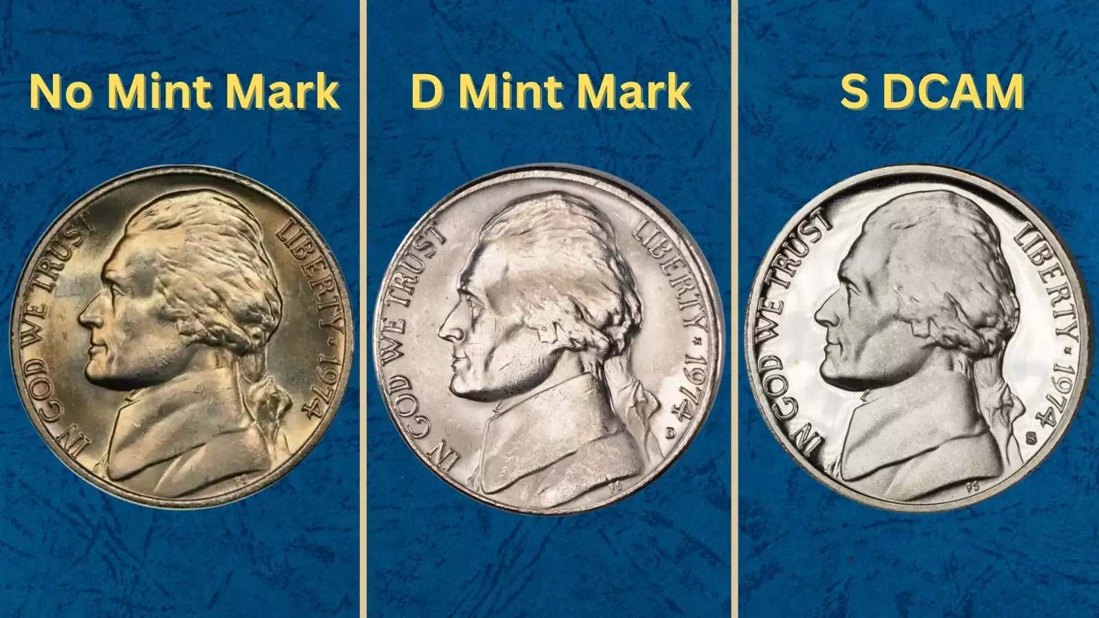 1974 Jefferson nickel grading strip showing four condition tiers from worn to gem uncirculated